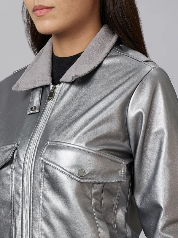Being Human Bomber Semi  Fit Women Collared Jackets-Gunmetal Silver